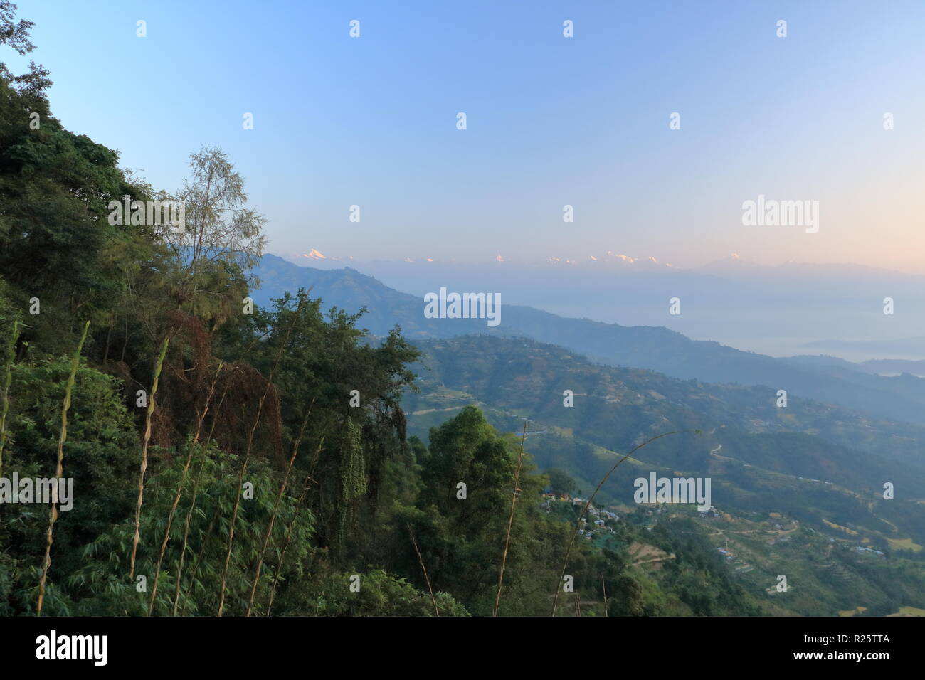 Beautiful first light from sunrise on Himalaya mountain range in Nepal Stock Photo