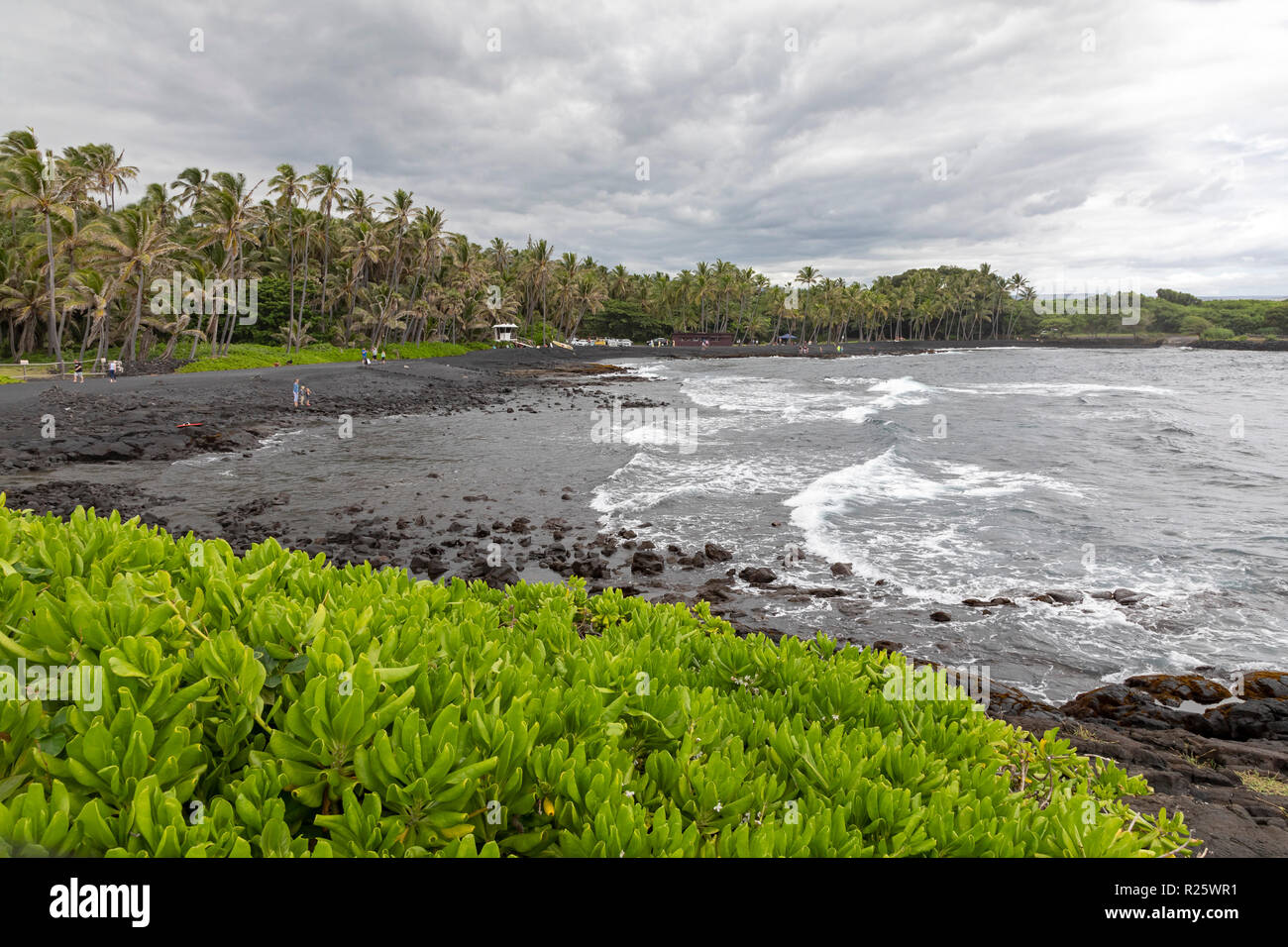 Punaluu, Hawaii - Punaluu Black Sand Beach. Stock Photo