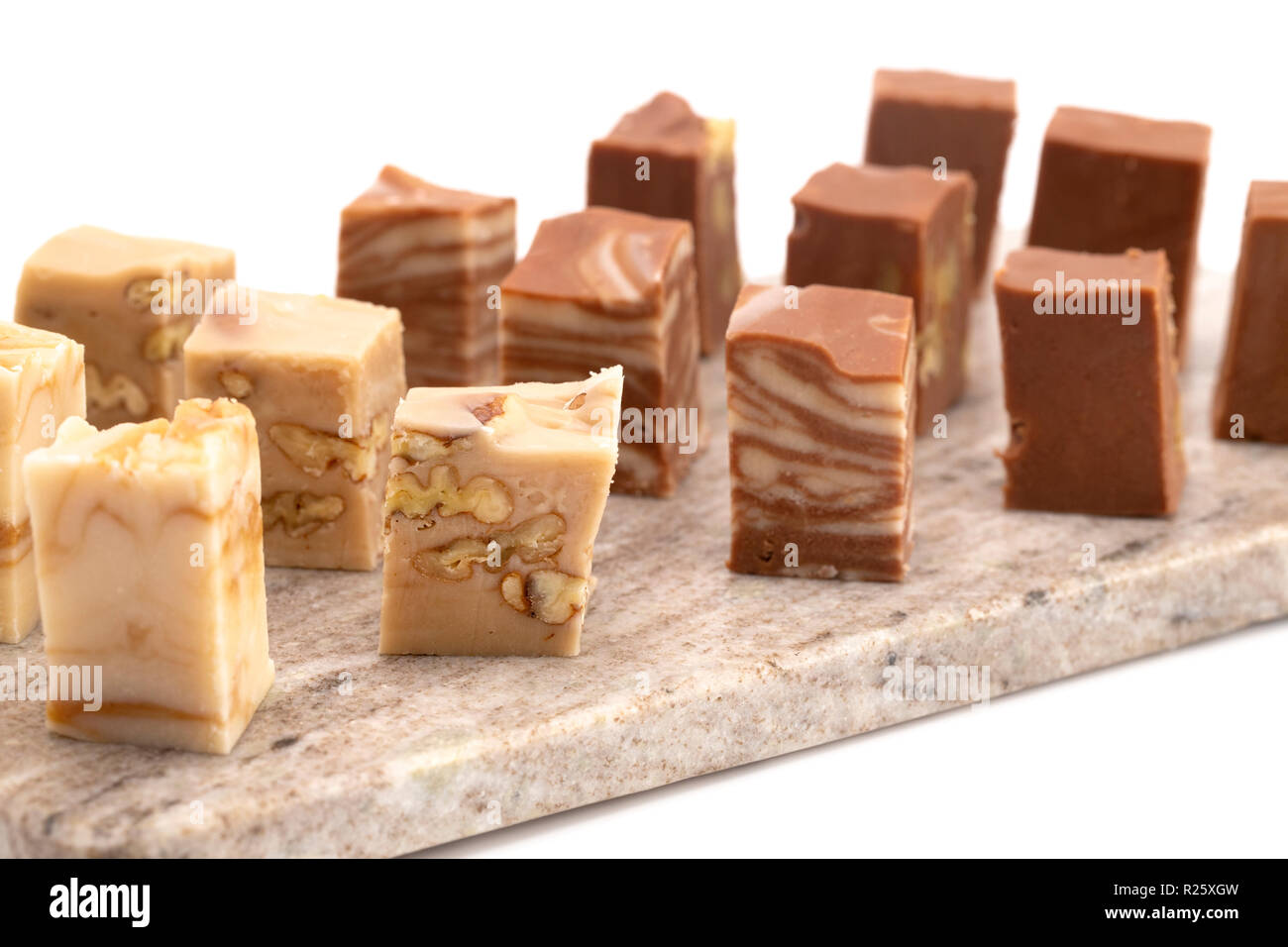 Six Different Flavors of Fudge on a White Background Stock Photo