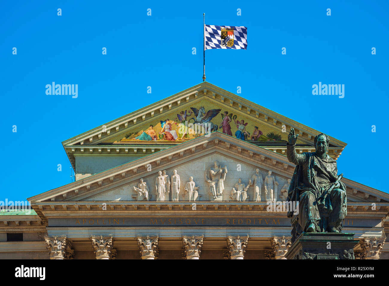 Gable of the Bavarian State Opera with Max Joseph Monument, Munich, Upper Bavaria, Bavaria, Germany Stock Photo