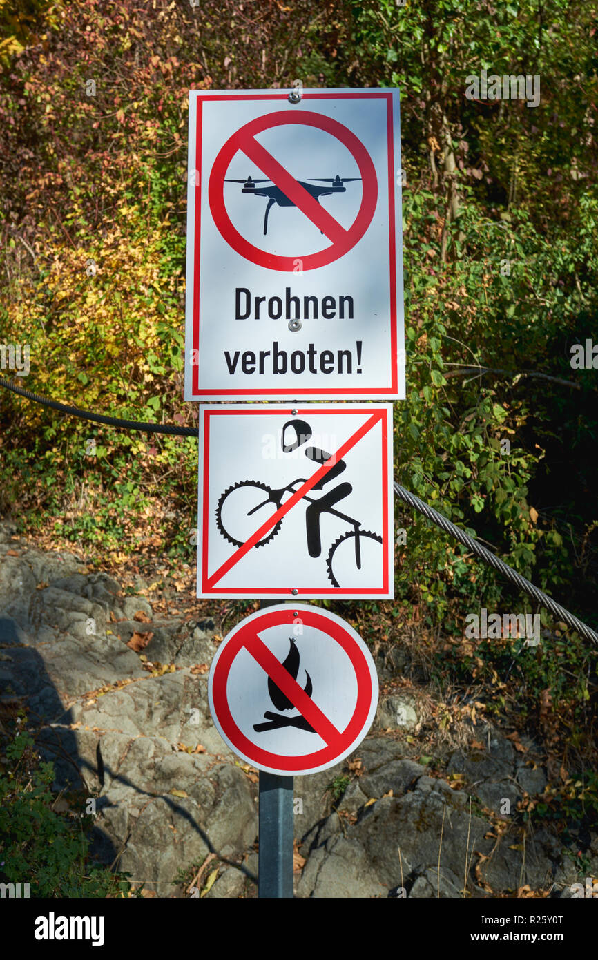 Prohibition signs in the nature reserve for drones, mountain biking, open fire, district of Konstanz, Baden-Württemberg Stock Photo
