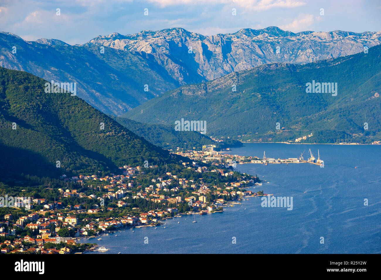 Baosici and Bijela, near Herceg Novi, view from the peninsula Lustica, Outer bay of Kotor, Montenegro Stock Photo