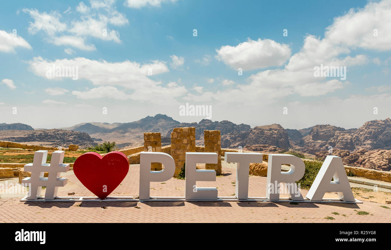 Lettering Love Petra, entrance at the Nabataean city Petra, Wadi Musa, Jordan Stock Photo