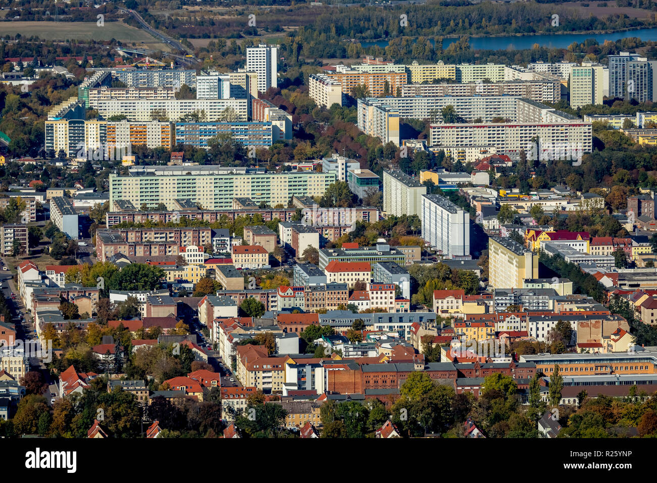 Aerial view, housing estate with skyscrapers, Neu Olvenstedt, Magdeburg, Saxony-Anhalt, Germany Stock Photo