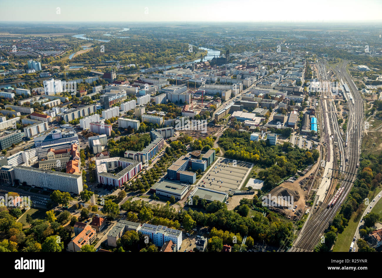Aerial view, Magdeburg, Saxony-Anhalt, Germany Stock Photo