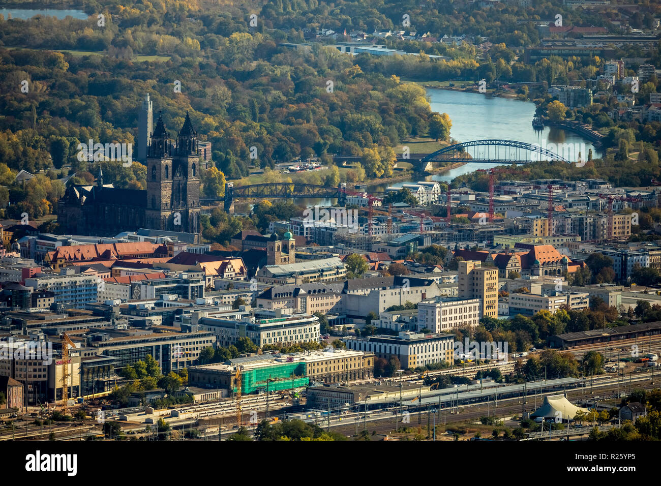 Aerial view of the old town with Elbe, Magdeburg, Saxony-Anhalt, Germany Stock Photo