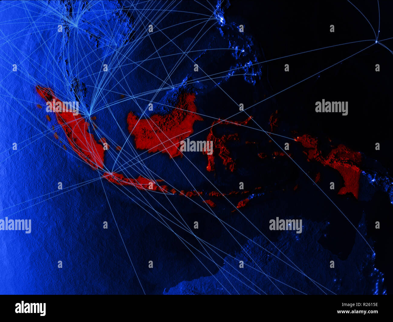 Indonesia on blue digital map with networks. Concept of international travel, communication and technology. 3D illustration. Elements of this image fu Stock Photo