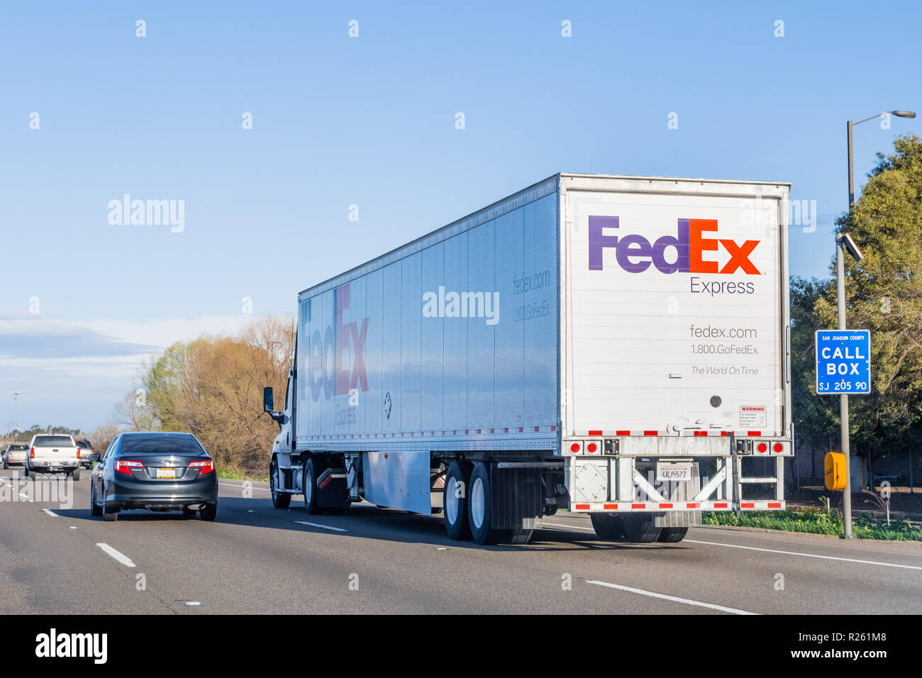 March 22, 2018 Sacramento / CA / USA - Fedex Express truck travelling on the freeway Stock Photo