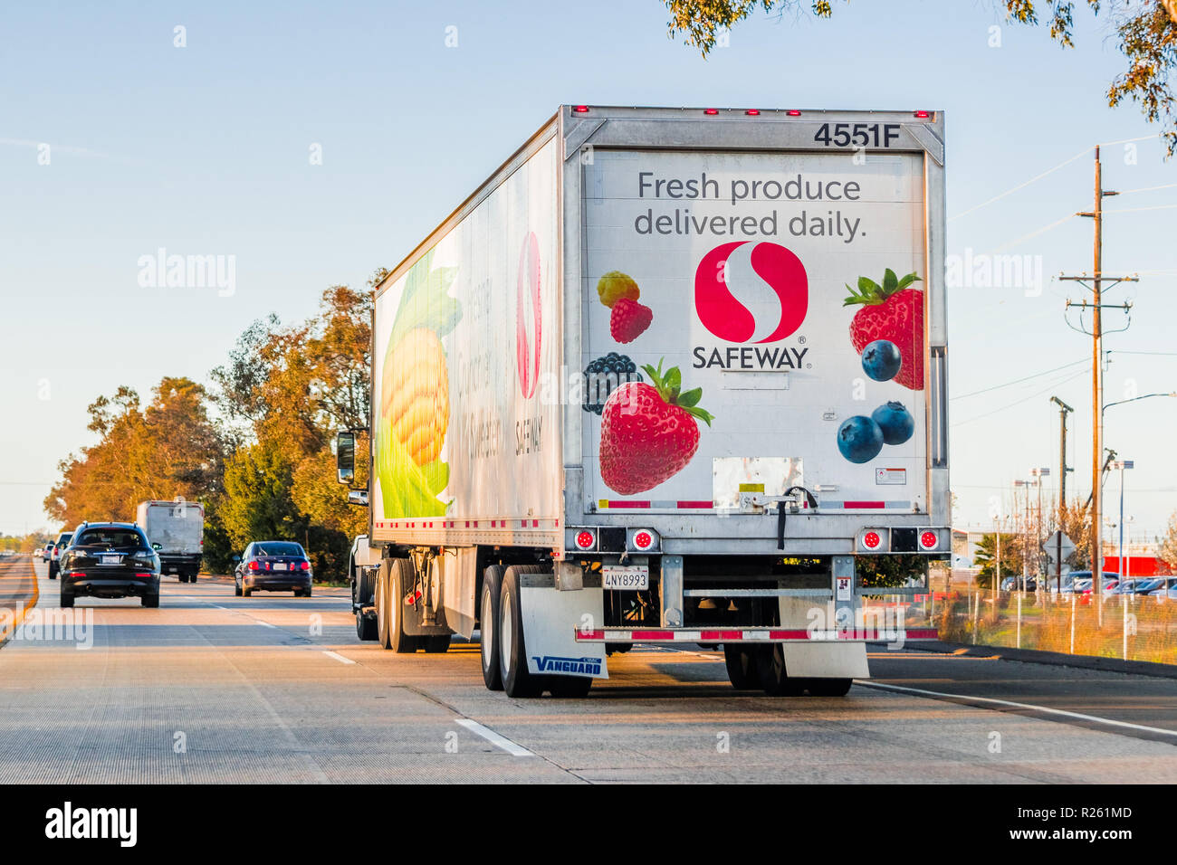 March 22, 2018 Sacramento / CA / USA - Safeway truck driving on the freeway Stock Photo