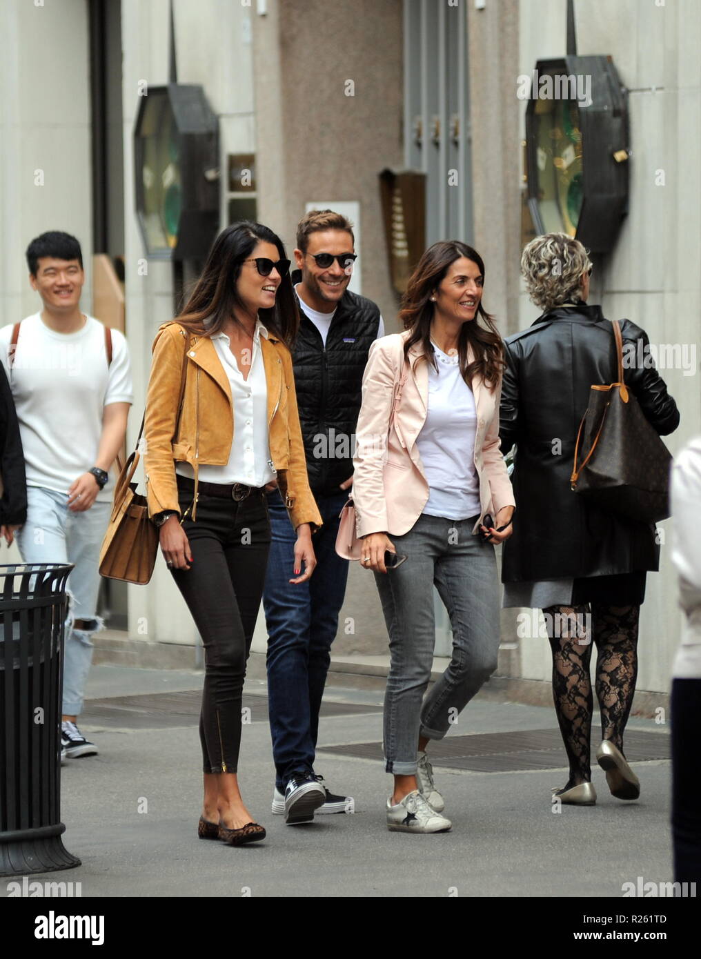 Daniela Ferolla, former Miss Italy 2001, Massimiliano Ossini, and his wife  Laura Gabrielli go to lunch downtown before returning back to their hotel  Featuring: Laura Gabrielli, Daniela Ferolla, Massimiliano Ossini Where:  Milan,