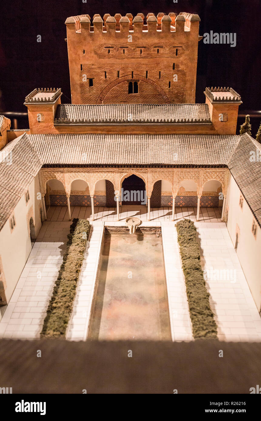 Cordoba, Spain - 2018, Sept 8th: Alhambra building scale model. Calahorra Tower Museum, Cordoba, Spain. Palaces of the  Ambassadors Courtyard Stock Photo
