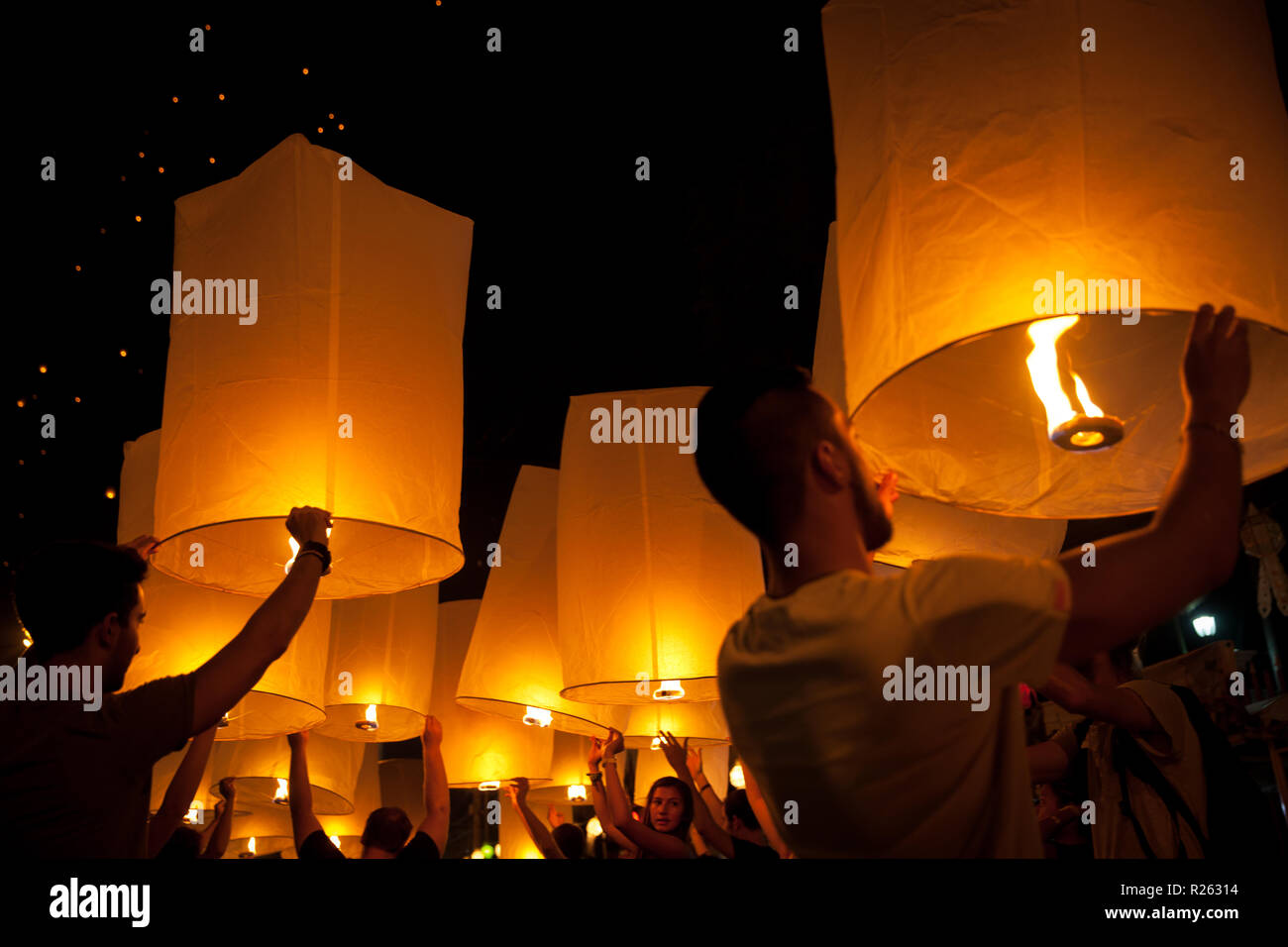 Happy travel tourist enjoy the holiday Loy Krathong Festival of light in Thailand Stock Photo