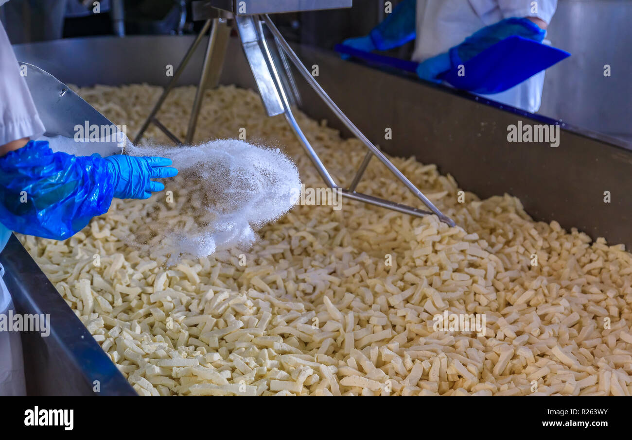 Seattle, United States November 08, 2018 Cheese curd making processat the famous Beecher's