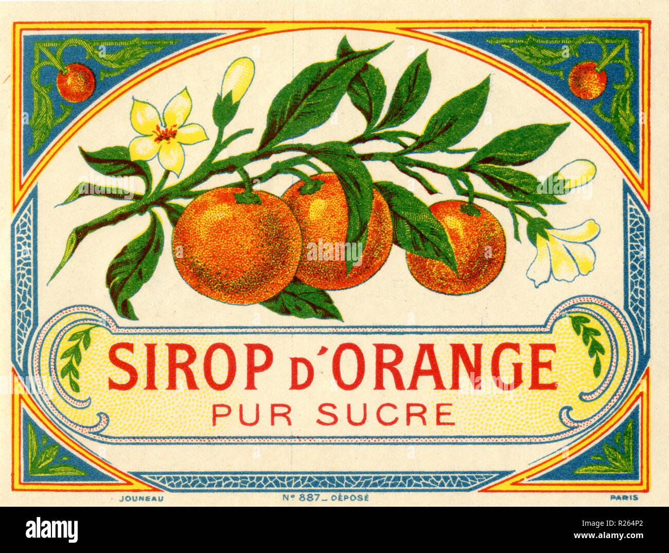 Orange syrup label (Sirop d'Orange pure sucre),    1910 Stock Photo