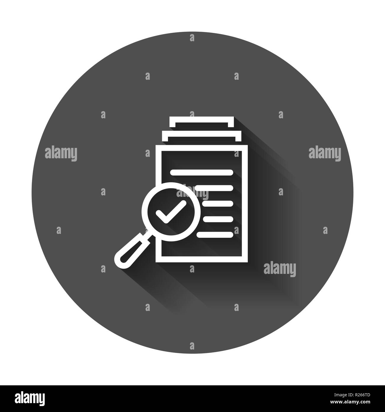 Scrutiny document plan icon in flat style. Review statement vector illustration with long shadow. Document with magnifier loupe business concept. Stock Vector