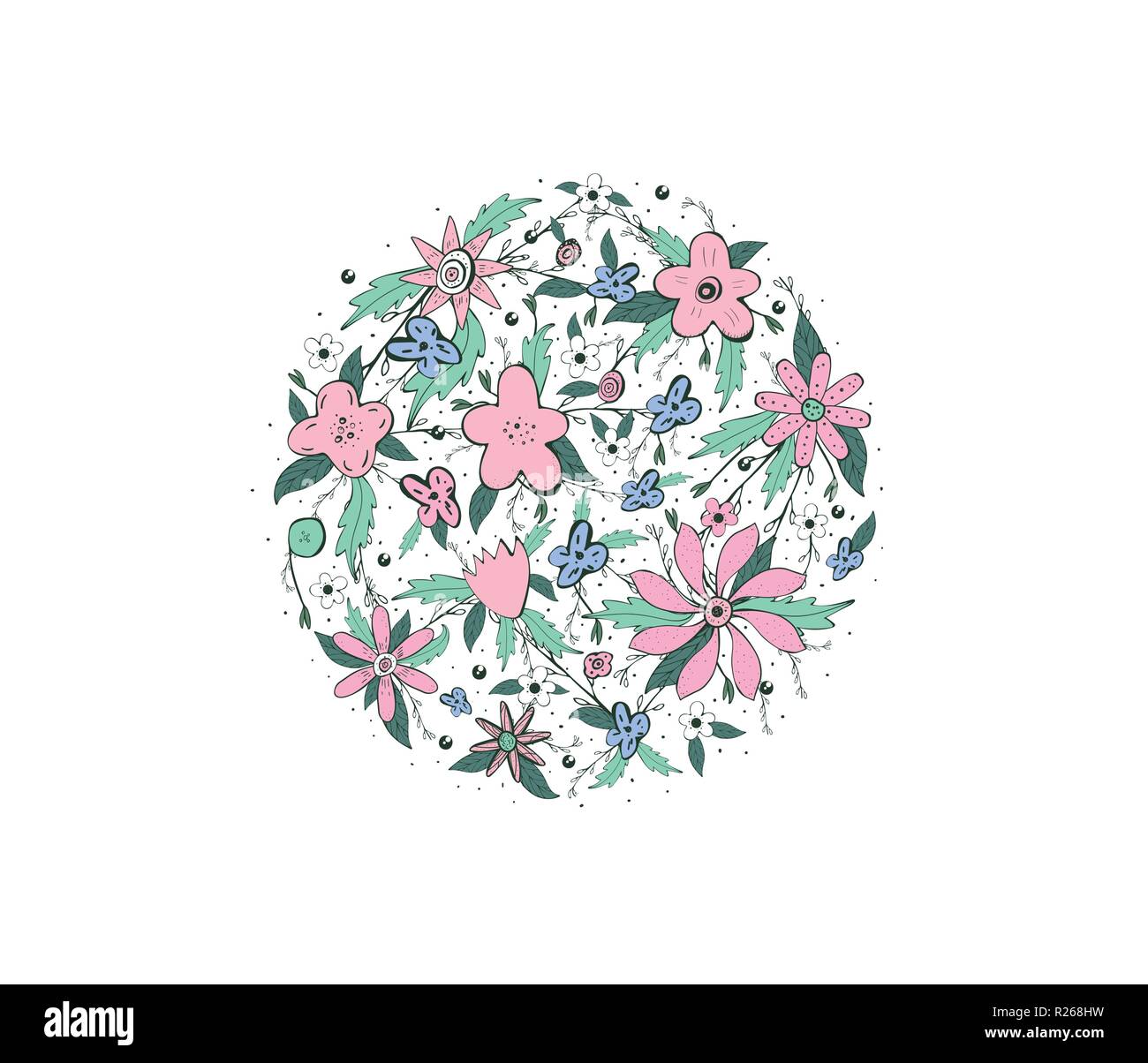 Wild flowers and leaves round badge. Doodle style circle composition isolated on white background.  Vector ilustration. Stock Vector