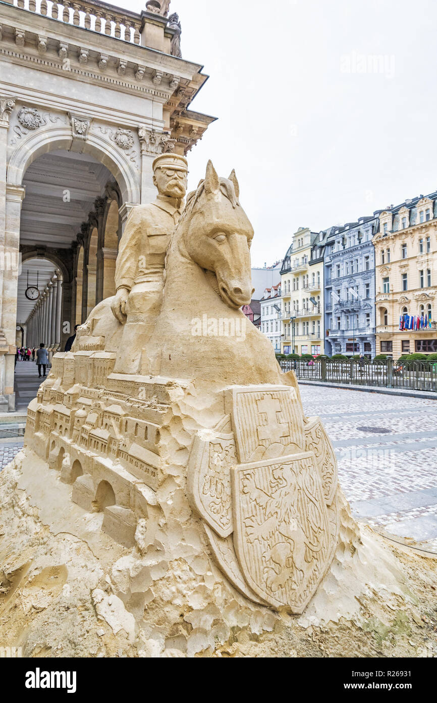 Tomas Garrigue Masaryk sand sculpture on Mill Colonnade, Karlovy Vary, Czech republic. Travel destination. Artistic object. Stock Photo