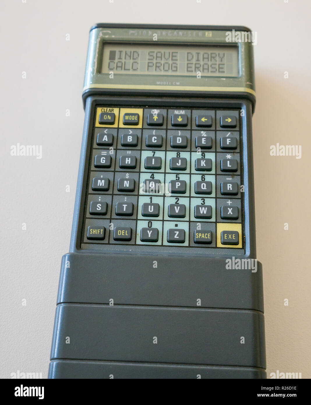 Old fashioned vintage British made Psion II CM pocket computer with 6x6 keyboard, popular in 1980s Stock Photo