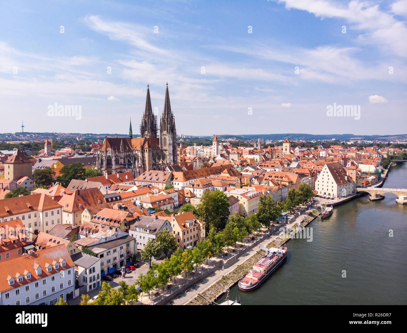 Aerial view of Regensburg city, Germany. Danube river, architecture, Regensburg Cathedral and Stone Bridge Stock Photo