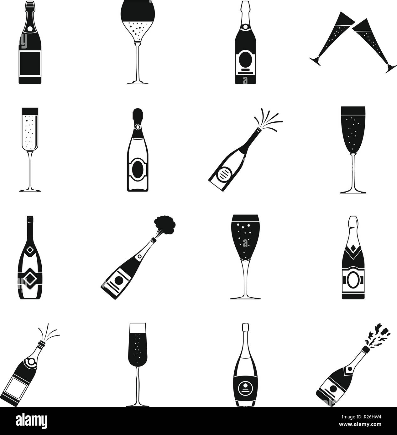 Champagne bottle glass icons set. Simple illustration of 16 champagne bottle glass vector icons for web Stock Vector