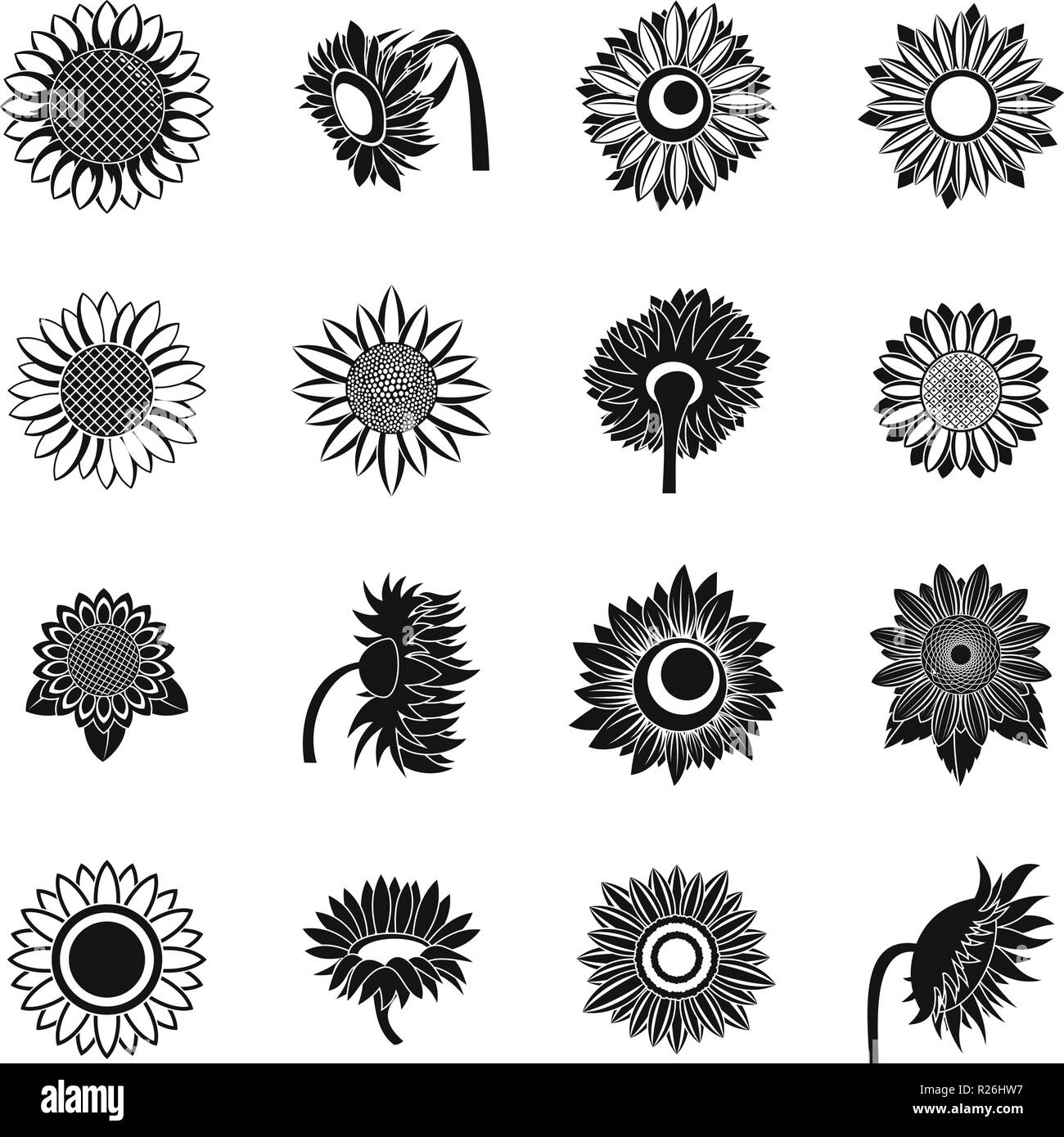 Sunflower blossom icons set. Simple illustration of 16 sunflower ...
