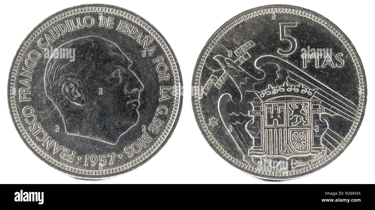 Old Spanish coin of 5 pesetas, Francisco Franco. Year 1957, 72 in the ...