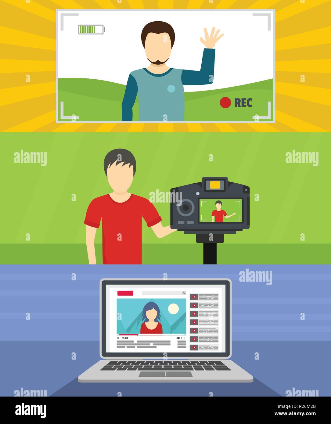 Video Blog Channel Banner Concept Set Flat Illustration Of 3