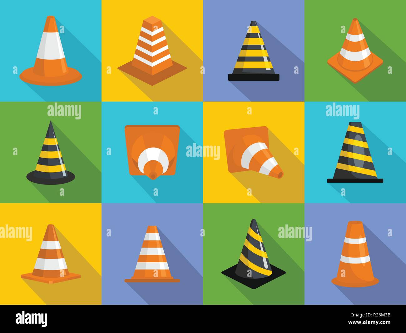 Traffic cone icons set. Flat illustration of 12 traffic cone vector