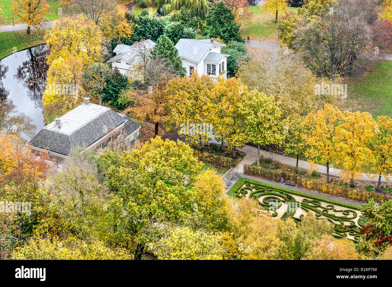 Rotterdam, The Netherlands, November 12, 2018: aerial view of The Park in autumn, with the former mansion and coach house, now both in use as a cafe,  Stock Photo