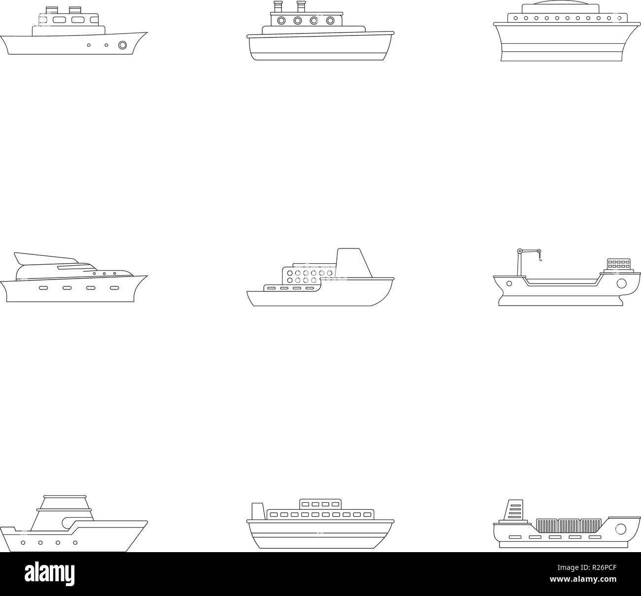 Powerboat icons set. Outline set of 9 powerboat vector icons for web isolated on white background Stock Vector