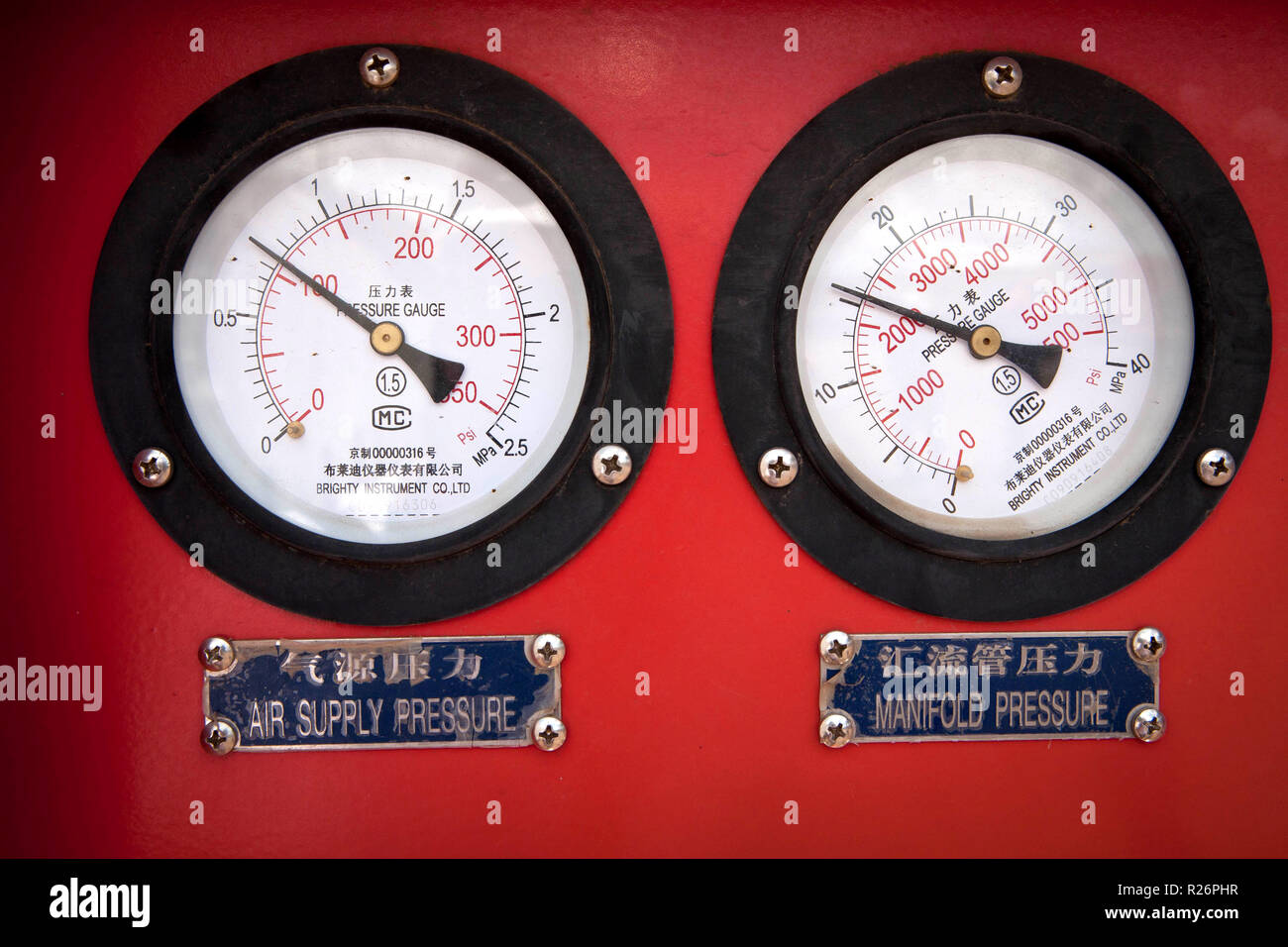 Pressure gages at a drilling station at the Menengai Geothermal Power project near Nakuru in the Rift Valley of Kenya on November 18, 2011. Stock Photo