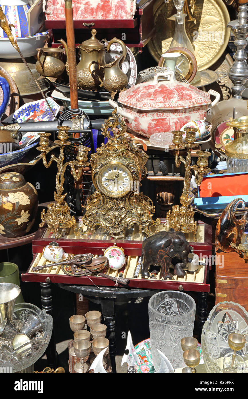 Athens, Greece - May 04, 2015: Second Hand Knick Knack Trinkets at Flea Market in Athens, Greece. Stock Photo