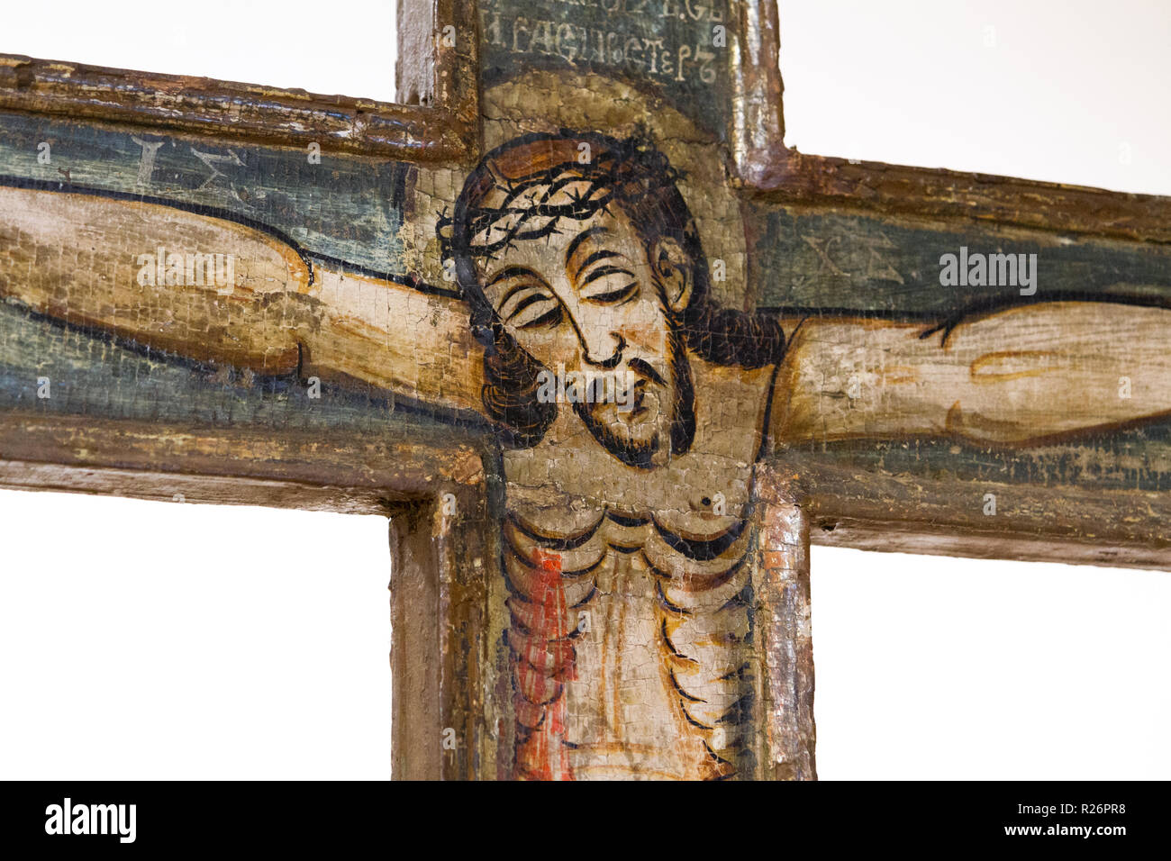 Bardejov, Slovakia. 9 August 2018. An icon crucifix depicting crucified Jesus. From a Byzantine church. Currently in a museum in Bardejov. Stock Photo