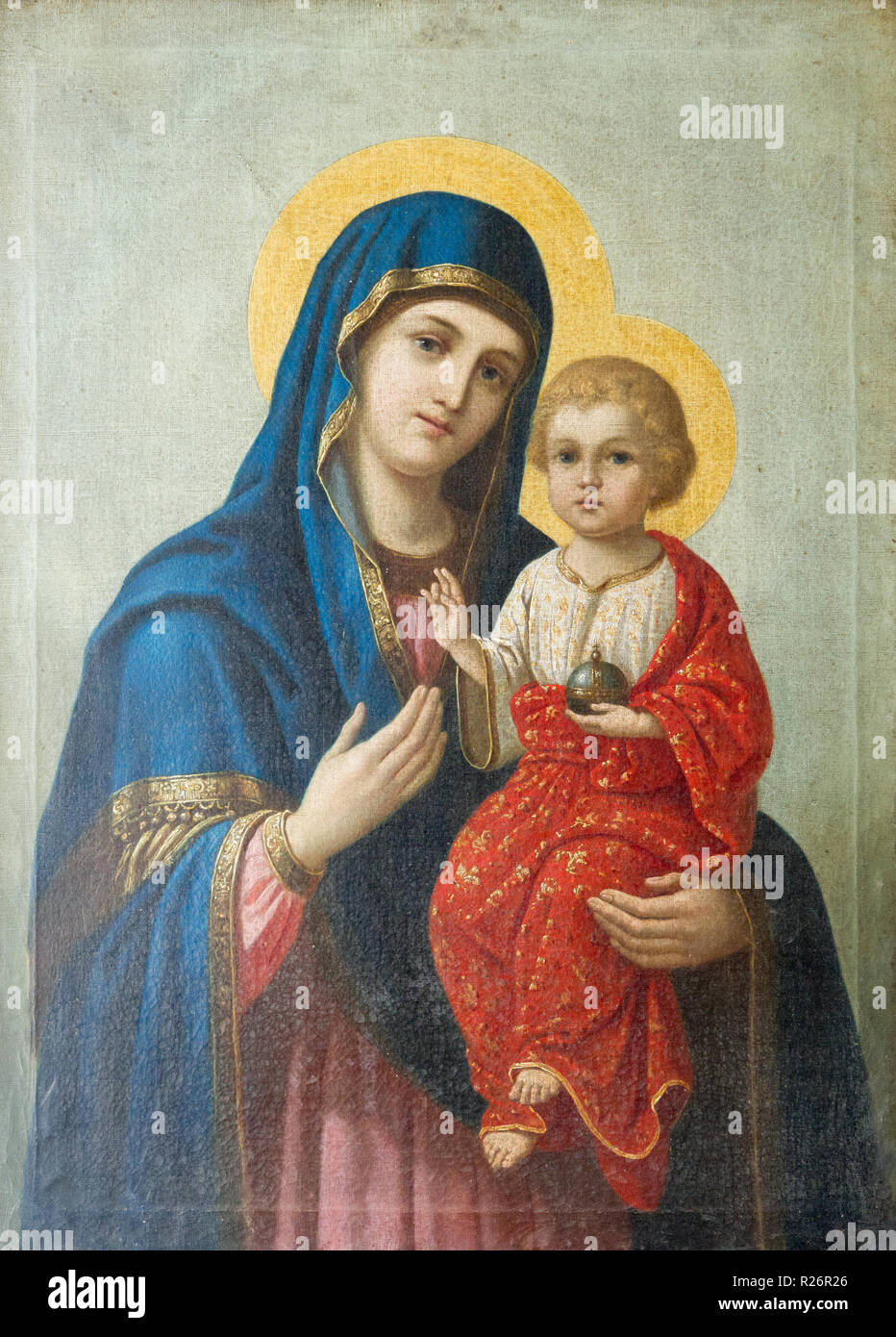 An icon of Virgin Hodegetria (Our Lady of the Way). From a church in Resov, Slovakia. Around the beginning of the 20th century. Currently in a museum Stock Photo