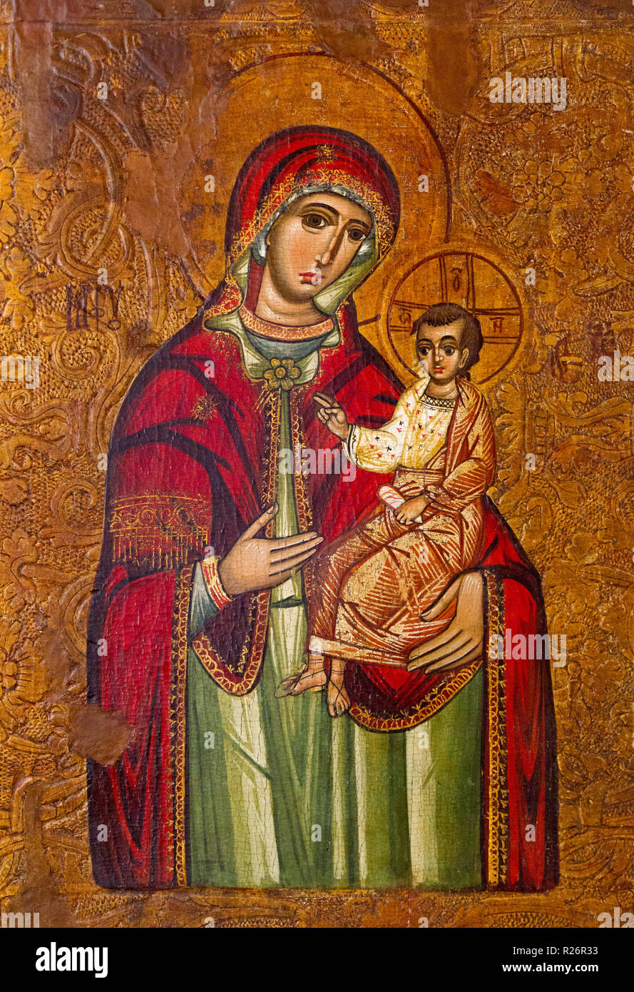 An icon of Virgin Hodegetria (Our Lady of the Way). Around 1550-1580. From the wooden church of Saint Demetrius in Rovne, Slovakia. Stock Photo