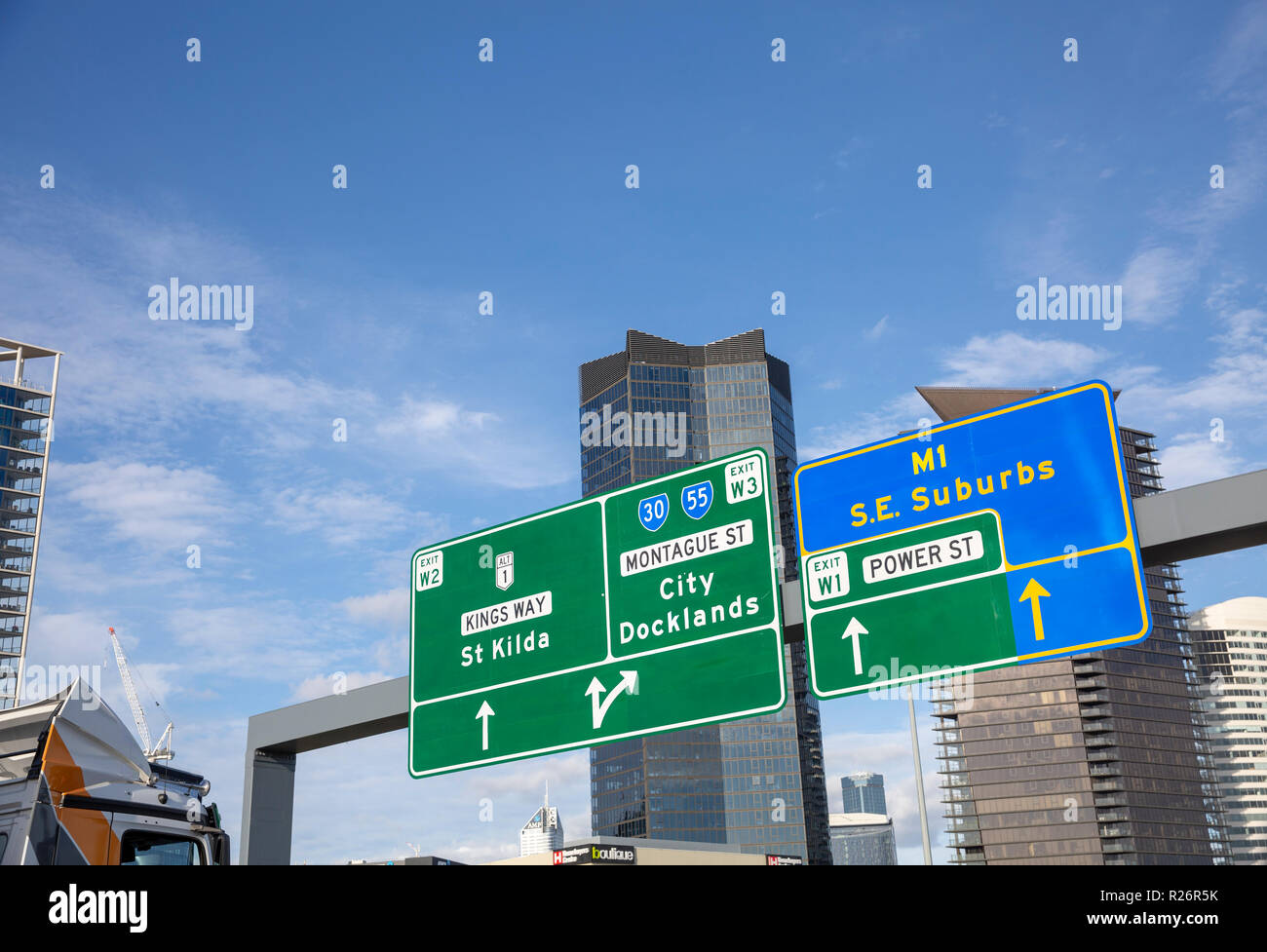 Road signs on the approach to Melbourne city centre in Victoria,Australia Stock Photo