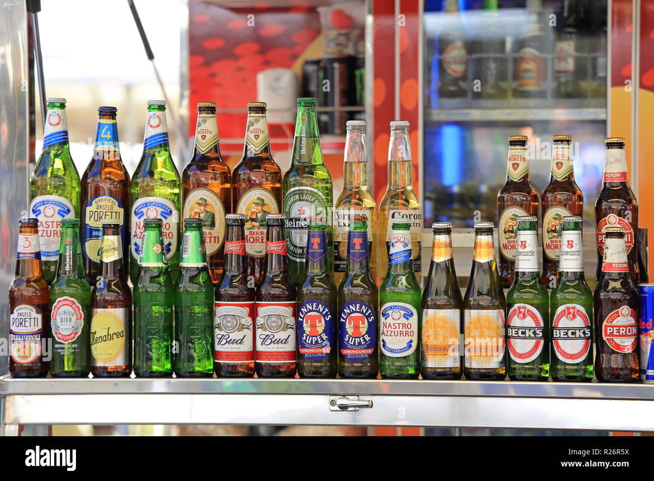 ROME, ITALY JUNE 29, 2014 Beer and Lager Bottles Beverage at Street