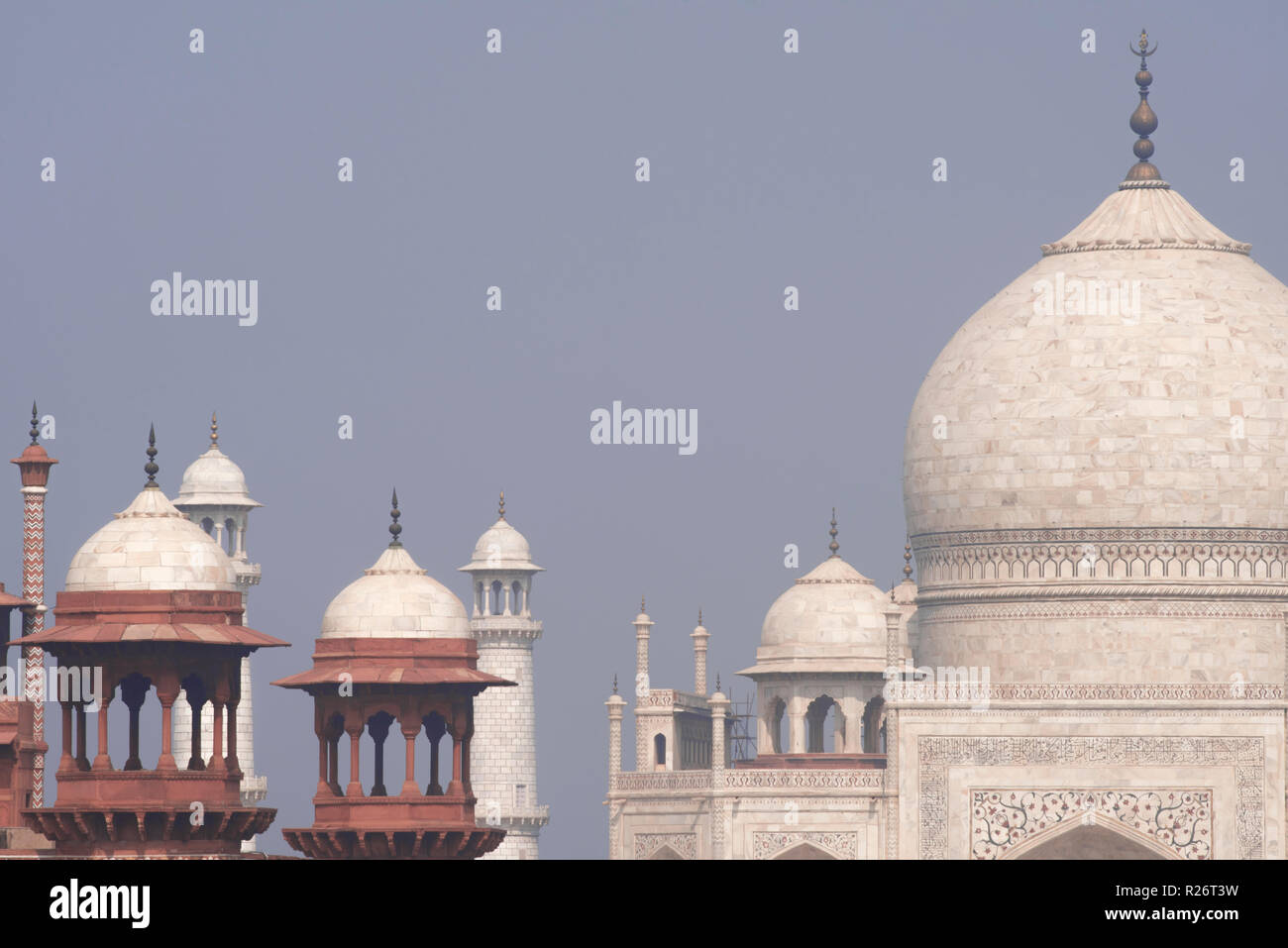 Magnificent Taj Mahal the wonder of the world the dream and pride of India made of white marble with its main dome and other small domes and minarets Stock Photo
