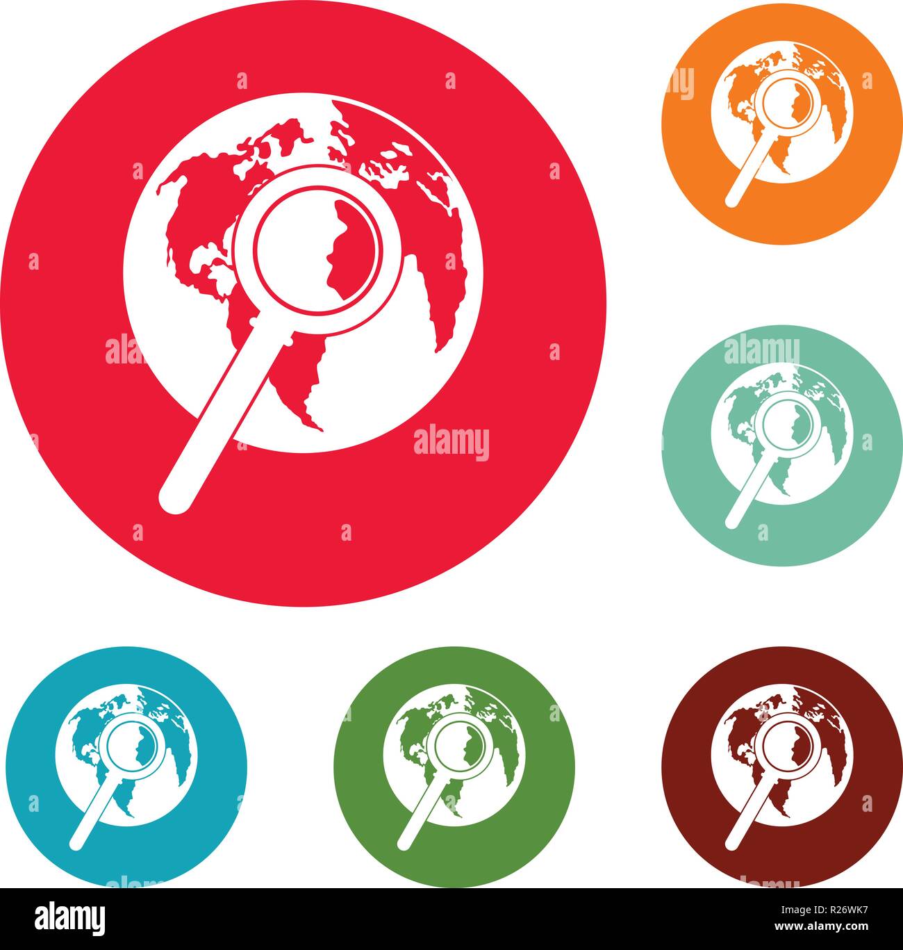 Magnifier on earth icons circle set vector isolated on white background ...