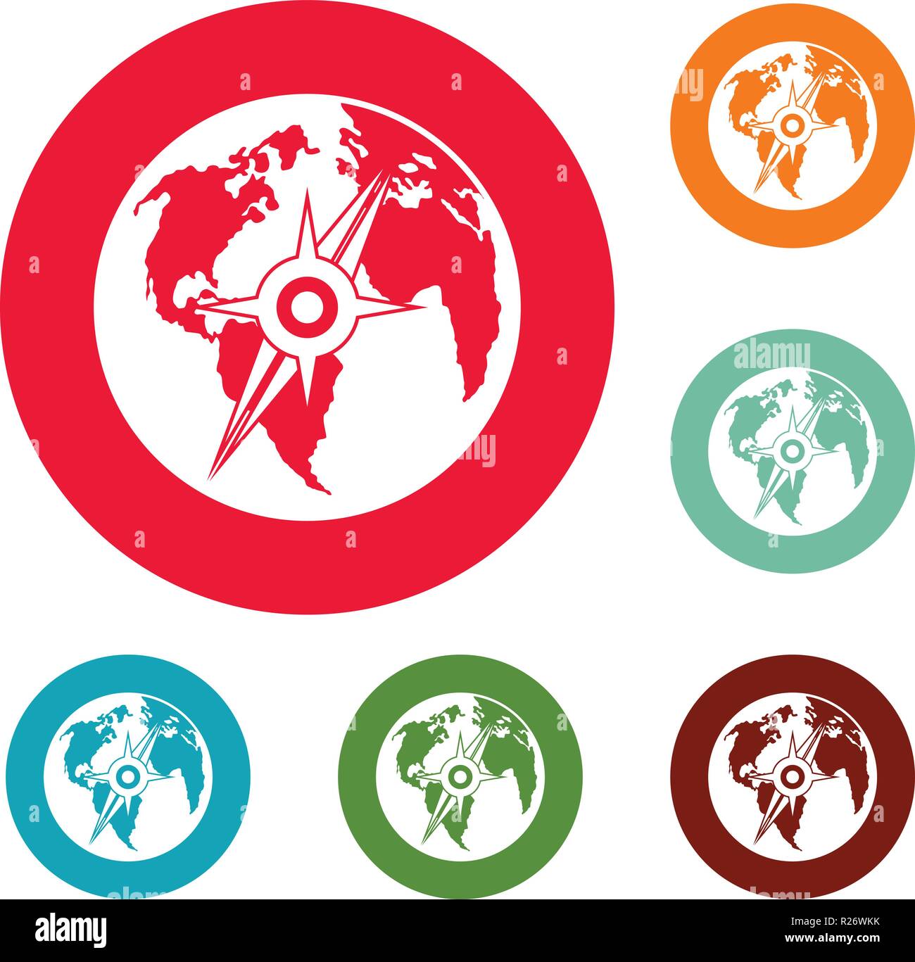 Compass on earth icons circle set vector isolated on white background ...