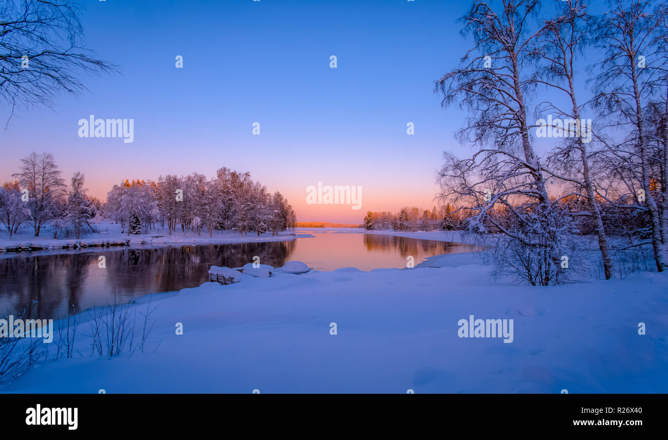 Snowy river view from Kuhmo, Finland. Stock Photo