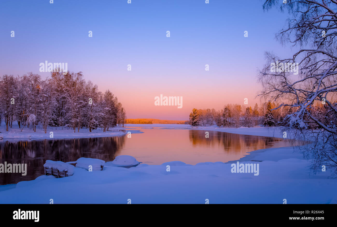 Snowy river view from Kuhmo, Finland. Stock Photo