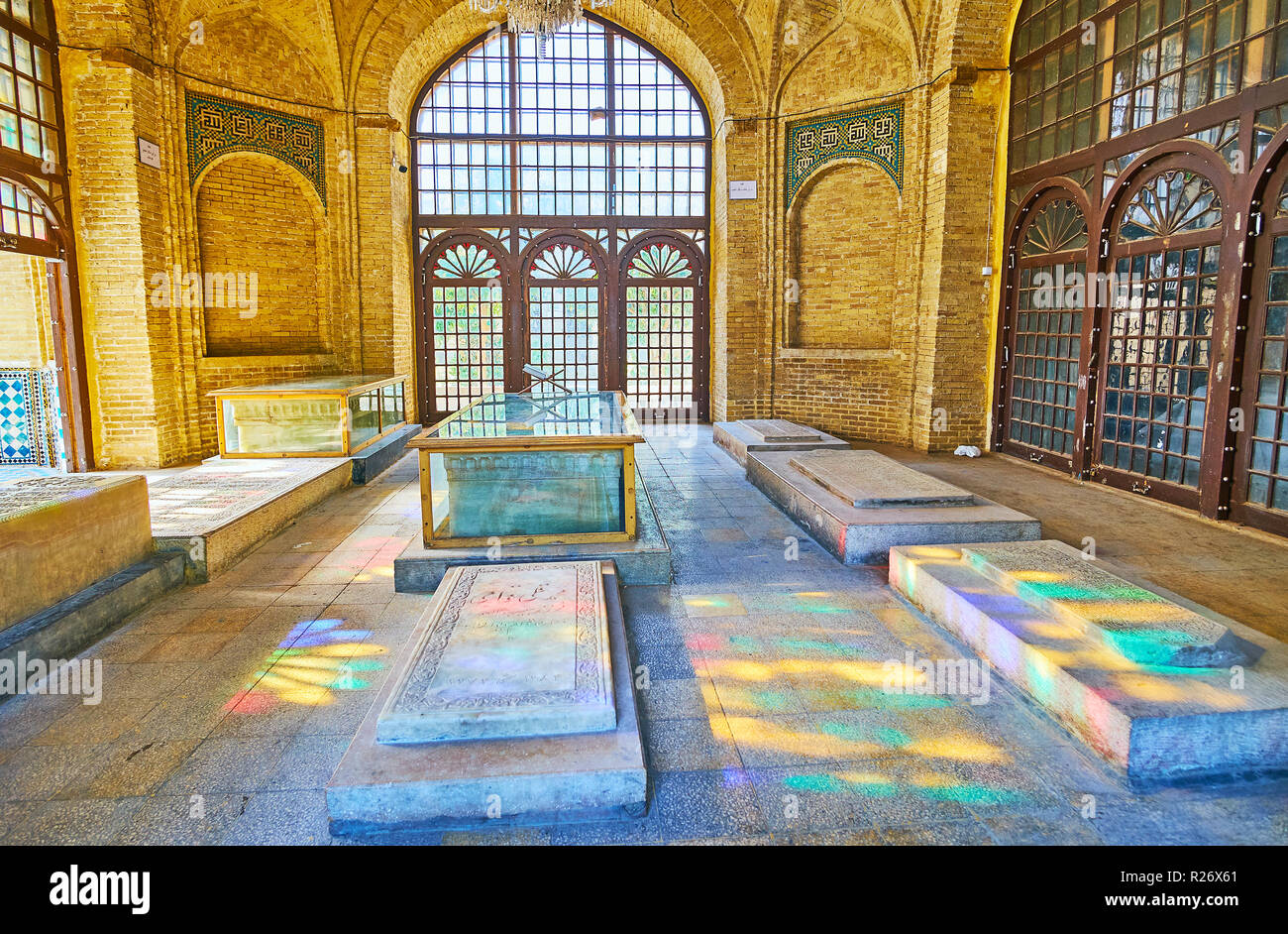 SHIRAZ, IRAN - OCTOBER 13, 2017: Interior of Hafezieh - memorial hall with stone tombs, located on territory of Hafez Tomb, on October 13 in Shiraz. Stock Photo