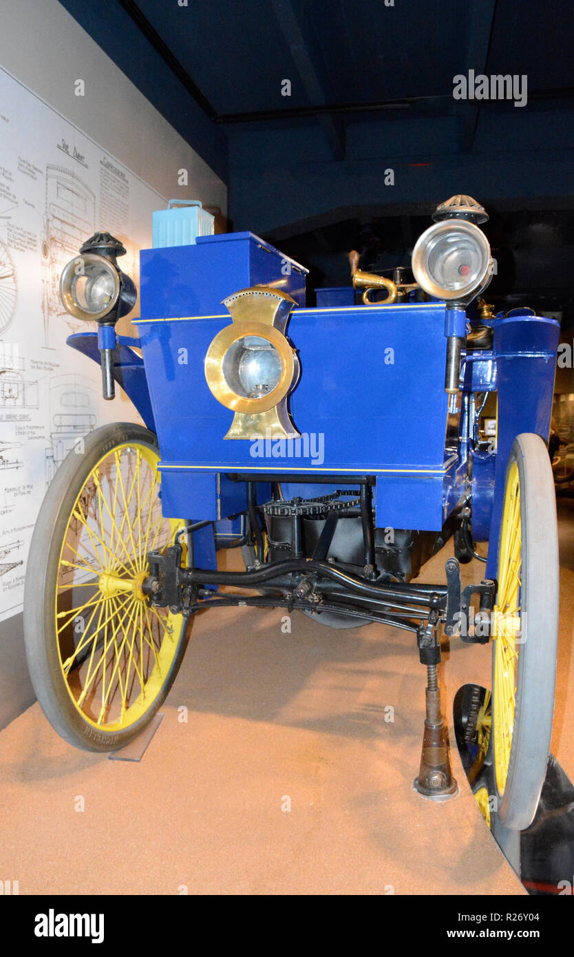 old car Peugeot 1891, L’ Aventure Michelin museum,  Clermont-Ferrand, Auvergne, Massif-Central, France Stock Photo