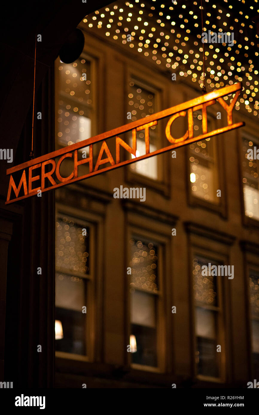 Merchant City sign. Glasgow, Scotland. Stock Photo