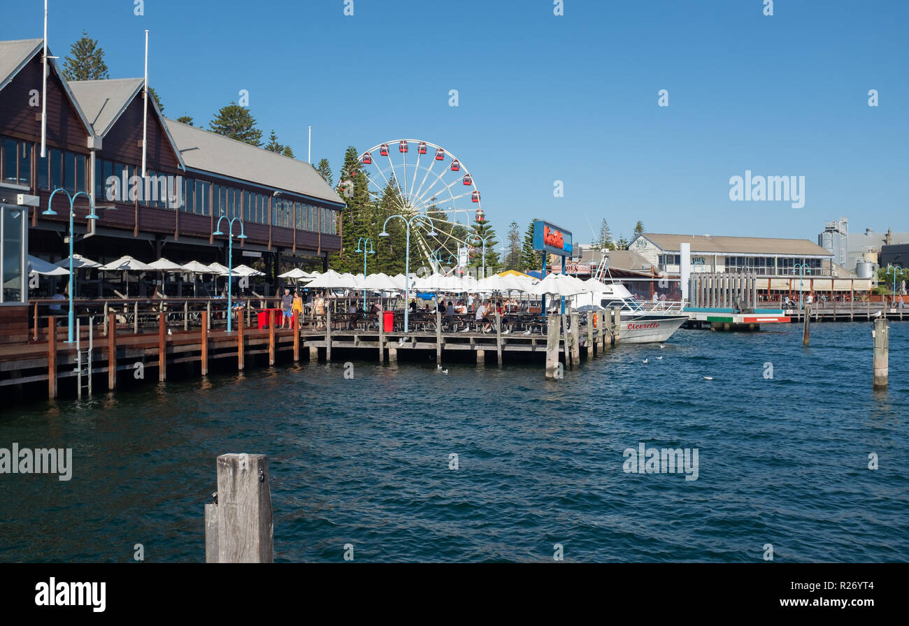 View of Fishing Boat Harbour with Skyview Observation Wheel in background, Fremantle, Western Australia, Australia Stock Photo