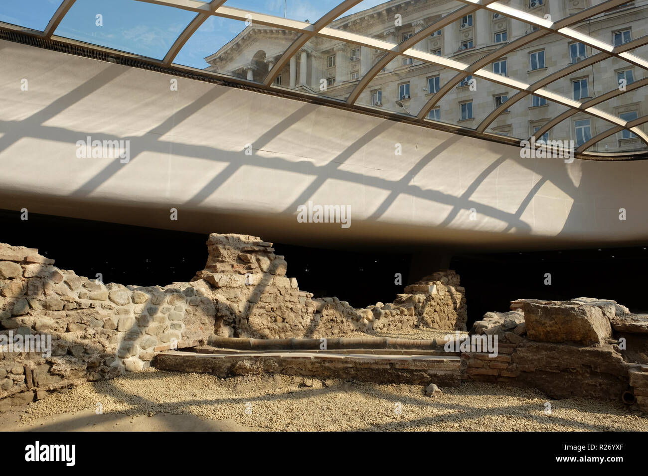 SOFIA, BULGARIA, 25 APRIL 2018: Ruins of Roman building inside the underground museum, at Serdika metro stations, on April 2018 in Sofia, Bulgaria Stock Photo