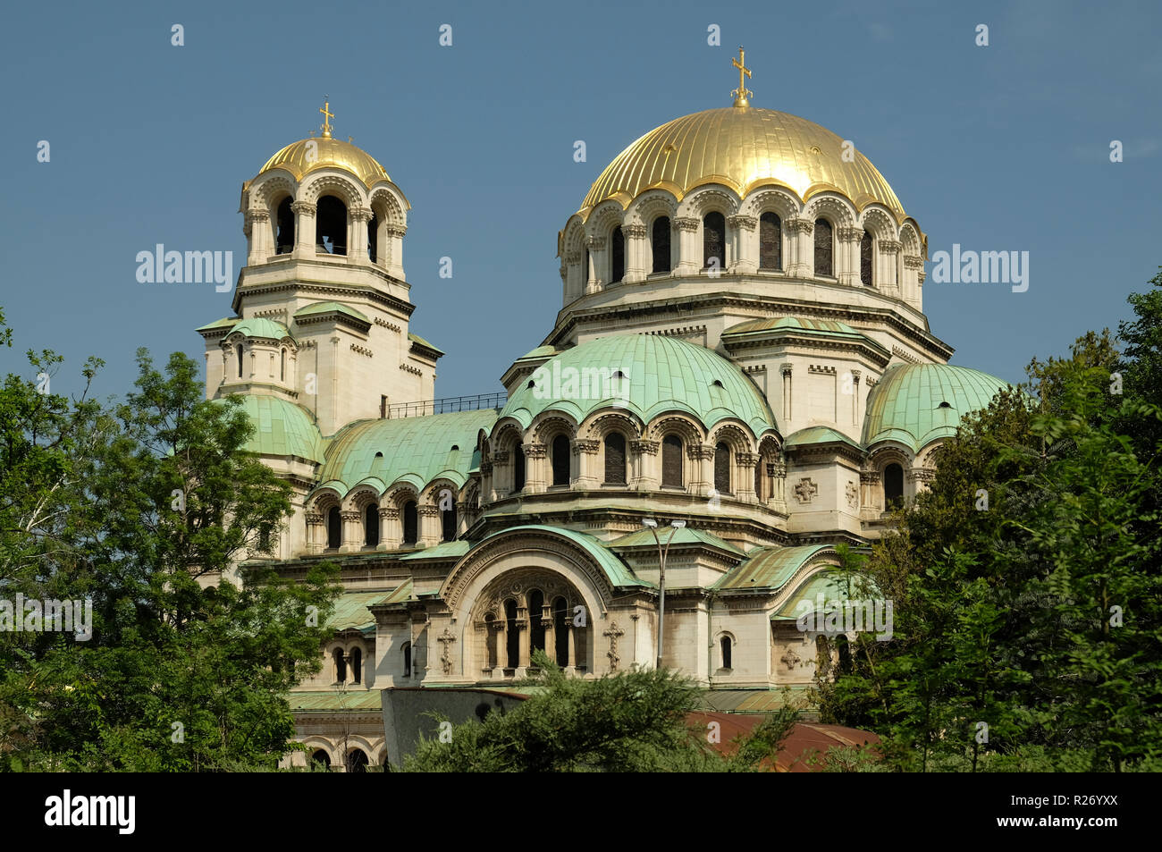 SOFIA, BULGARIA, May 25 2018: Lateral view of the Cathedral of Saint Alexandar Nevski early in the morning Stock Photo