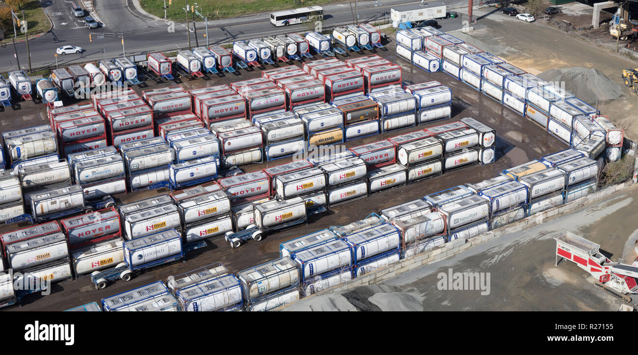 helicopter aerial view of Boasso America ISO tank storage depot, New