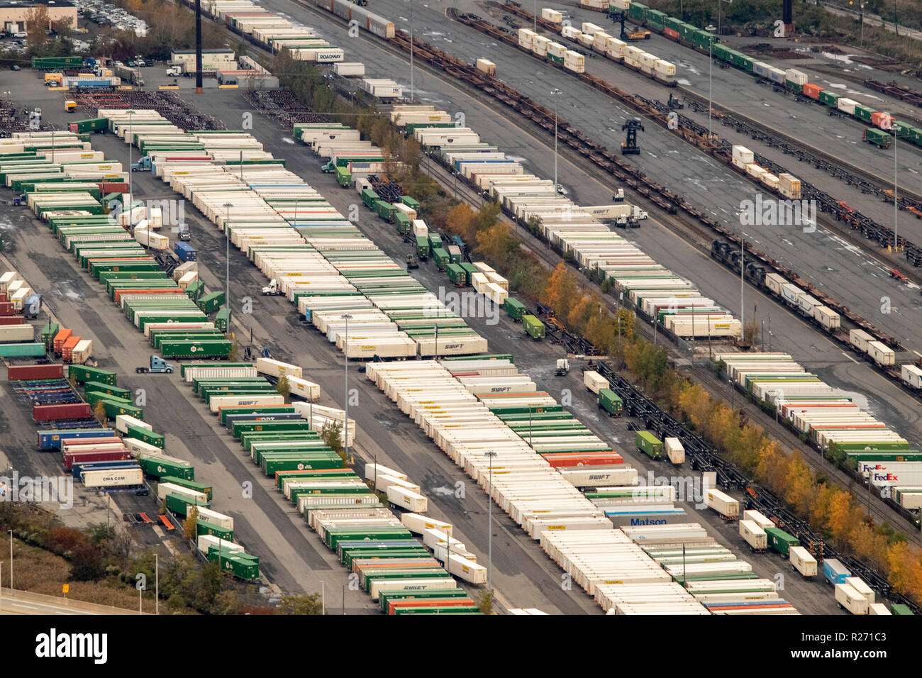 helicopter aerial view of containers and railway cars, Kearney, New Jersey, USA Stock Photo